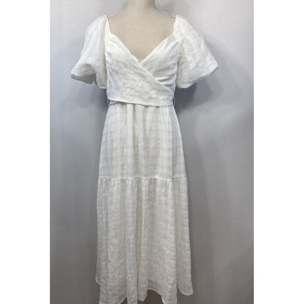 ASTR The Label Sonnet Puff Sleeve Midi Dress White Textured Tie M Cottagecore